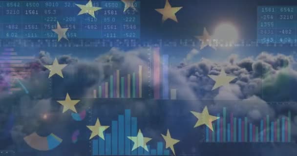 Animace zpracování dat přes mraky a vlajky eu. globální obchod, finance, připojení a koncepce digitálního rozhraní.