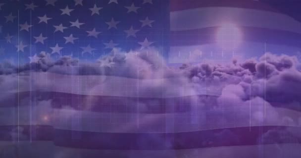 Animación Procesamiento Datos Sobre Nubes Bandera América Negocios Globales Finanzas — Vídeo de stock