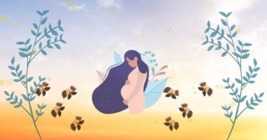 Hamile bir kadının üzerinde uçan kelebeklerin canlandırması. Ebe ve hamilelik kavramının uluslararası günüName.