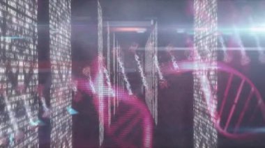 DNA iplikçiklerinin dönmesi ve tıbbi veri işleme animasyonu. küresel tıp, bilim ve veri işleme kavramı dijital olarak oluşturulmuş video.