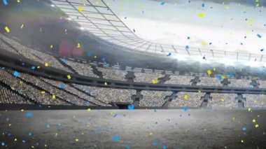 Stadyumun üzerinde yüzen konfeti animasyonu. küresel spor, rekabet, zafer ve kutlama konsepti dijital olarak oluşturulmuş video.