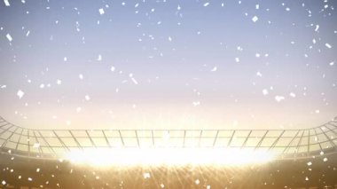 Gün batımında stadyumun üzerinde yüzen konfeti animasyonu. küresel spor, rekabet, zafer ve kutlama konsepti dijital olarak oluşturulmuş video.