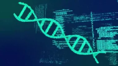 DNA iplikçiklerinin dönmesi ve tıbbi veri işleme animasyonu. küresel tıp, bilim ve veri işleme kavramı dijital olarak oluşturulmuş video.