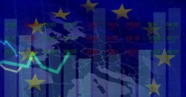 eu bayrağı üzerinde veri işleme animasyonu. küresel iş, finans, bağlantılar ve dijital arayüz konsepti dijital olarak oluşturulmuş video.