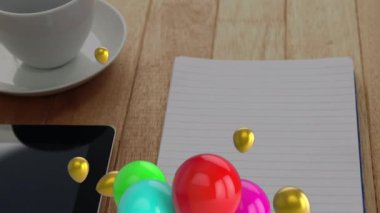 Not defteri ve tablet üzerinde balon animasyonu. küresel internet bağlantıları, kutlama, teknoloji ve dijital arayüz konsepti dijital olarak oluşturulmuş video.