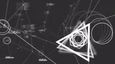 Siyah zemin üzerinde beyaz şekillerin ve veri işleme ağının animasyonu. küresel bağlantılar, veri işleme ve teknoloji konsepti dijital olarak oluşturulmuş video.