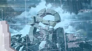 Bulutlar ve avro sembolü üzerinde veri işleme animasyonu. küresel iş, finans, bağlantılar ve dijital arayüz konsepti dijital olarak oluşturulmuş video.