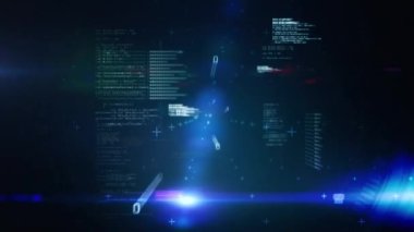 Mavi arkaplan üzerinde ikili kodlama dijital veri işleme animasyonu. küresel internet bağlantıları, veri işleme ve dijital arayüz konsepti dijital olarak oluşturulmuş video.