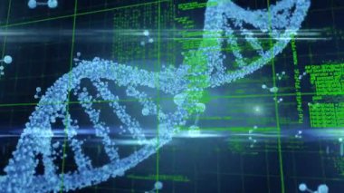 DNA iplikçiklerinin dönmesi ve tıbbi veri işleme animasyonu. küresel tıp, bilim ve veri işleme kavramı dijital olarak oluşturulmuş video.
