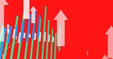 Kırmızı arka planda veri işleme ve okların animasyonu. küresel iş, finans, bağlantılar ve dijital arayüz konsepti dijital olarak oluşturulmuş video.