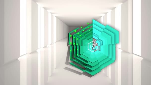 Animación Hexágono Verde Brillante Sobre Interiores Blancos Modernos Abstracto Movimiento — Vídeo de stock