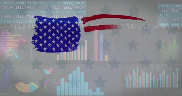 Animacja Przetwarzania Danych Nad Flagą Ameryki Globalny Biznes Finanse Połączenia — Wideo stockowe
