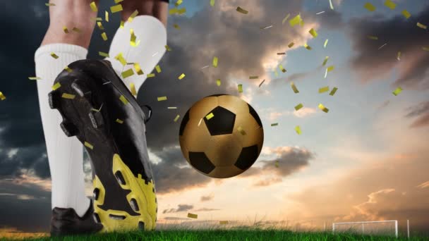 Animation Confetti Feet Caucasian Soccer Player Gold Ball Sunset Global — Stock Video