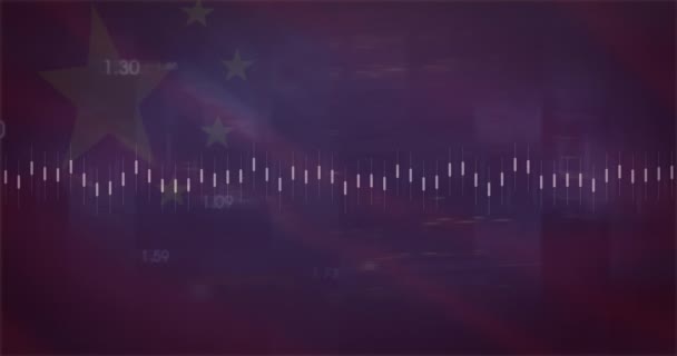 Анимация Обработки Данных Над Флагом Китая Глобальный Бизнес Финансы Связи — стоковое видео