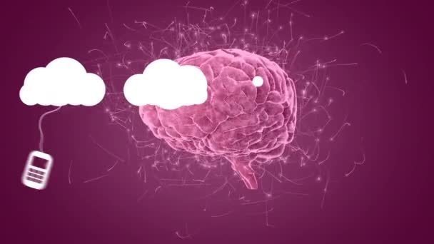 Animación Nubes Con Dispositivos Tecnológicos Sobre Cerebro Giratorio Con Conexiones — Vídeos de Stock