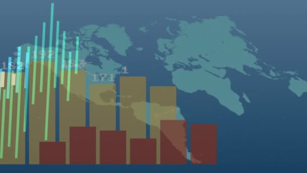 Animation Der Datenverarbeitung Über Weltkarte Globales Geschäft Finanzen Verbindungen Und — Stockvideo