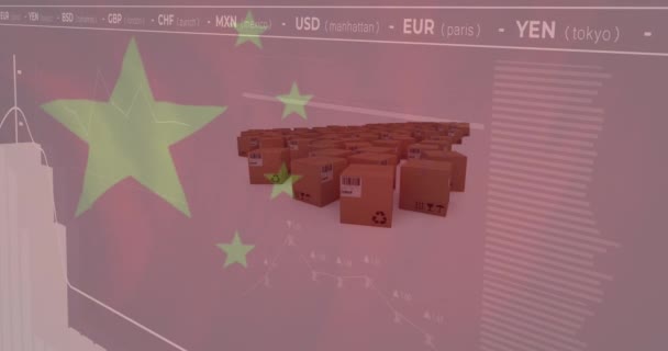 Анимация Обработки Данных Над Коробками Флагом Китая Глобальный Бизнес Финансы — стоковое видео