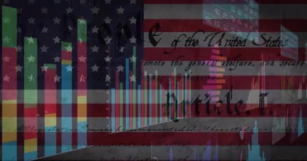 Animation Traitement Des Données Sur Drapeau Amérique Entreprise Mondiale Finances — Video