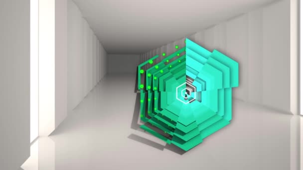 Animación Hexágono Verde Brillante Sobre Interiores Blancos Modernos Abstracto Movimiento — Vídeos de Stock