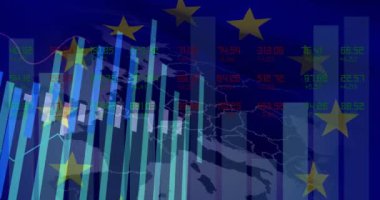 eu bayrağı üzerinde veri işleme animasyonu. küresel iş, finans, bağlantılar ve dijital arayüz konsepti dijital olarak oluşturulmuş video.