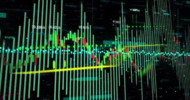 Siyah arkaplanda veri işleme animasyonu. küresel iş, finans, bağlantılar ve dijital arayüz konsepti dijital olarak oluşturulmuş video.