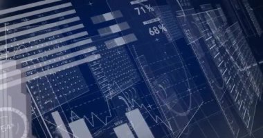 Mavi arkaplanda veri işleme animasyonu. küresel iş, finans, bağlantılar ve dijital arayüz konsepti dijital olarak oluşturulmuş video.