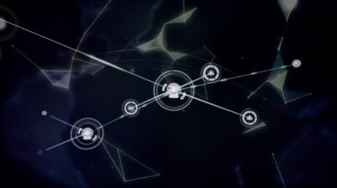 Karanlık arka planda veri aktaran dünya ve bilgi simgeleri ağının animasyonu. küresel iletişim ağı ve bilgi paylaşım konsepti dijital olarak oluşturulmuş video.