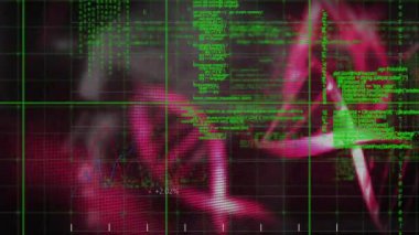 DNA iplikçiklerinin dönmesi ve tıbbi veri işleme animasyonu. küresel tıp, bilim ve veri işleme kavramı dijital olarak oluşturulmuş video.