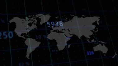 Dünya haritası üzerinde veri işleme animasyonu. küresel iş, finans, bağlantılar ve dijital arayüz konsepti dijital olarak oluşturulmuş video.