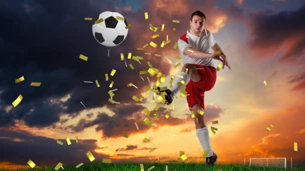 Animation Confettis Sur Joueur Soccer Caucasien Masculin Avec Ballon Coucher — Video