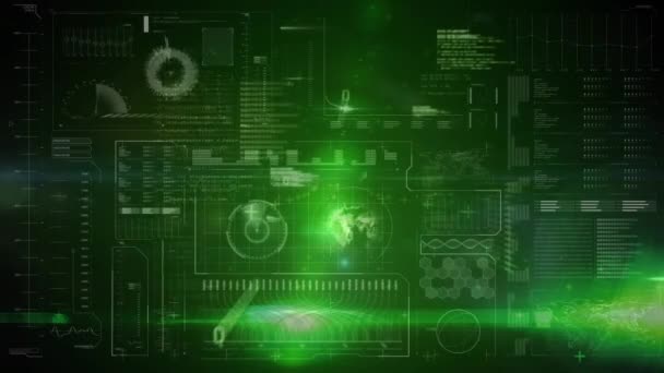 Animatie Van Interface Met Data Informatieverwerking Gloeiend Groen Licht Mondiaal — Stockvideo