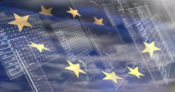 Animación Bandera Unión Europea Procesamiento Datos Financieros Concepto Europeo Negocios — Vídeos de Stock
