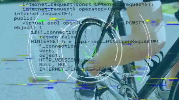 Animación Procesamiento Datos Sobre Hombre Caucásico Montar Bicicleta Carreras Carretera — Vídeo de stock