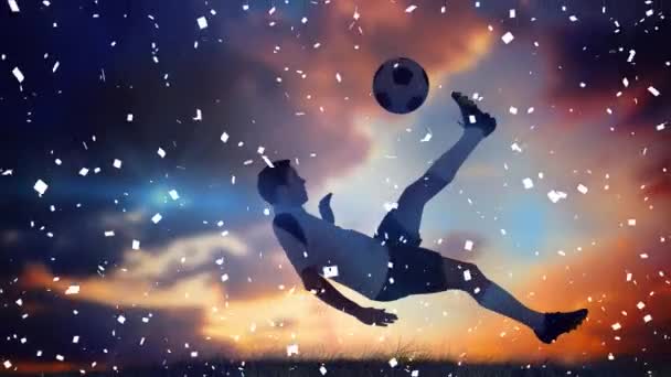 Animación Confeti Futbolista Caucásico Flotante Atardecer Deportes Globales Competición Victoria — Vídeo de stock