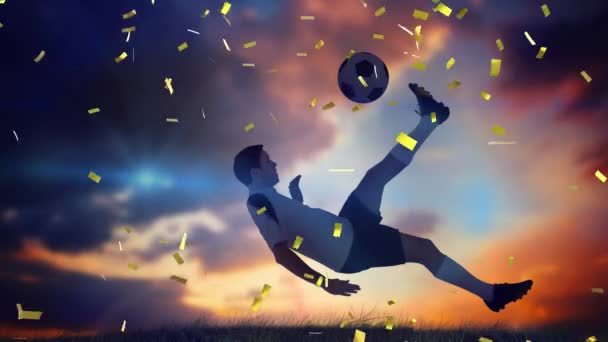 Animation Confettis Flottant Joueur Football Caucasien Coucher Soleil Concept Mondial — Video