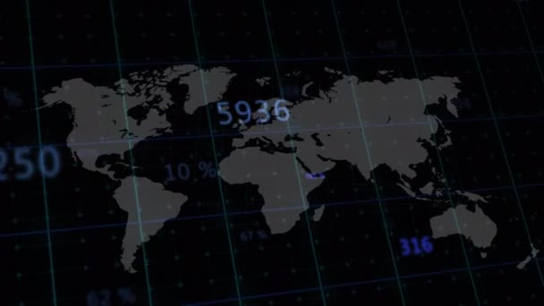 Animace zpracování dat na mapě světa. globální obchod, finance, připojení a koncepce digitálního rozhraní.