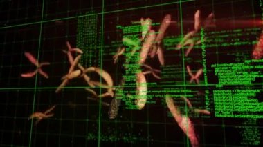 DNA iplikçiklerinin dönmesi ve tıbbi veri işleme animasyonu. küresel tıp, bilim ve veri işleme kavramı dijital olarak oluşturulmuş video.