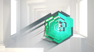 Beyaz modern iç mekanlar üzerinde parlayan yeşil altıgenin animasyonu. soyut, hareket ve iç tasarım konsepti dijital olarak oluşturulmuş video.