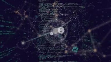 Koyu arkaplanda medya simgeleri ve veri işleme ağının animasyonu. küresel iletişim ağı ve bilgi paylaşım konsepti dijital olarak oluşturulmuş video.