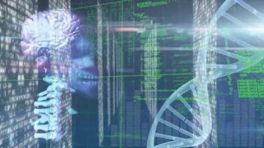 İnsan beyni animasyonu, DNA iplikçikleri ve tıbbi veri işleme. küresel tıp, bilim ve veri işleme kavramı dijital olarak oluşturulmuş video.