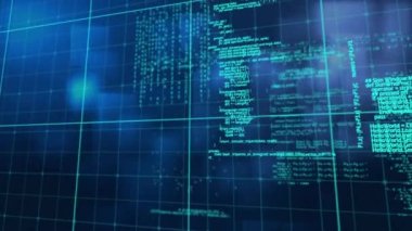 Mavi arkaplanda dijital veri işleme sisteminin animasyonu. küresel hesaplama, teknoloji ve veri işleme kavramı dijital olarak oluşturulmuş video.