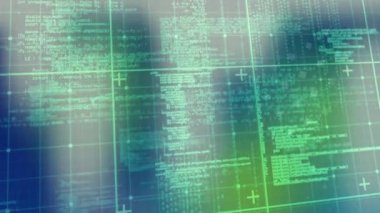 Ekranlar ve şebeke arkaplanı üzerinden dijital veri işleme animasyonu. küresel hesaplama, teknoloji ve veri işleme kavramı dijital olarak oluşturulmuş video.