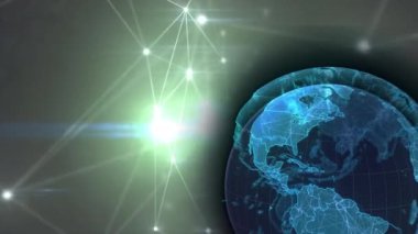 Siyah arkaplandaki bağlantı ağı üzerinden dünyanın animasyonu. küresel bağlantılar, veri işleme ve teknoloji konsepti dijital olarak oluşturulmuş video.