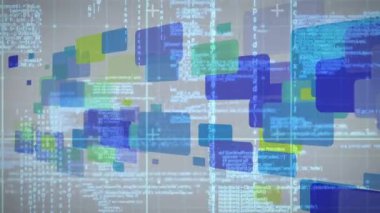 Ekranlar ve şebeke arkaplanı üzerinden dijital veri işleme animasyonu. küresel hesaplama, teknoloji ve veri işleme kavramı dijital olarak oluşturulmuş video.