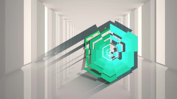 Animación Hexágono Verde Brillante Sobre Interiores Blancos Modernos Abstracto Movimiento — Vídeo de stock