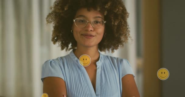 Animation Emoji Icons Happy Biracial Woman Social Media Communication Interface — Stock Video