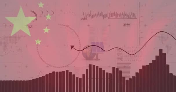 Анимация Обработки Данных Над Флагом Китая Глобальный Бизнес Финансы Связи — стоковое видео