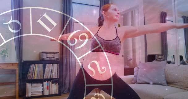 Animation Leo Star Sign Zodiac Wheel Caucasian Pregnant Woman Exercising — Stock Video