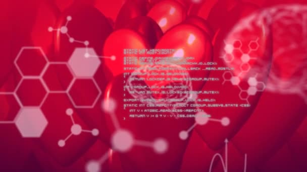 Анімація Хімічних Формул Обробка Даних Над Обертовими Серцями Концепція Біології — стокове відео