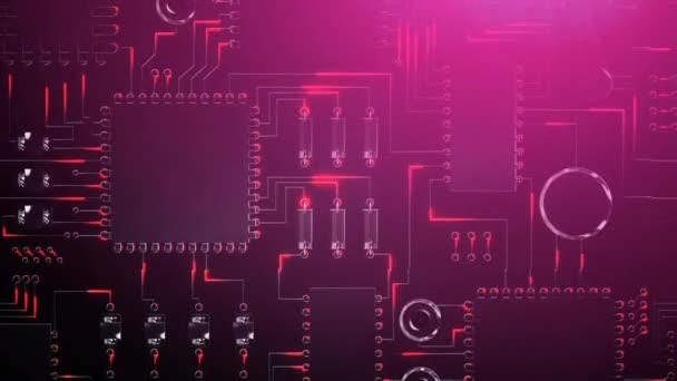 Animation Glowing Red Energy Passing Circuit Motherboard Dark Background Global — Stock Video